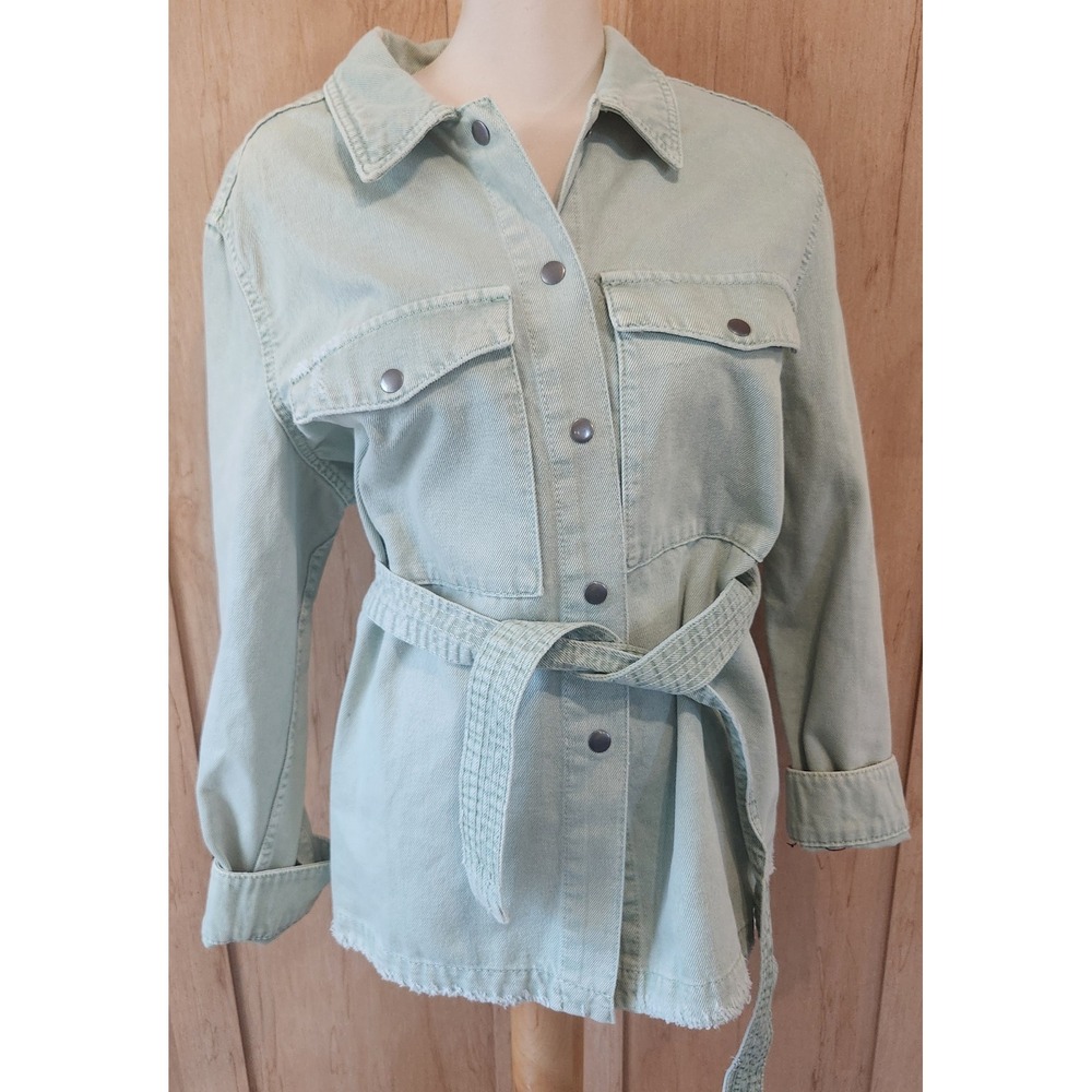 Zara Sage Green Denim Belted Shacket Utility Jacket Frayed‎ Hem XL fits smaller